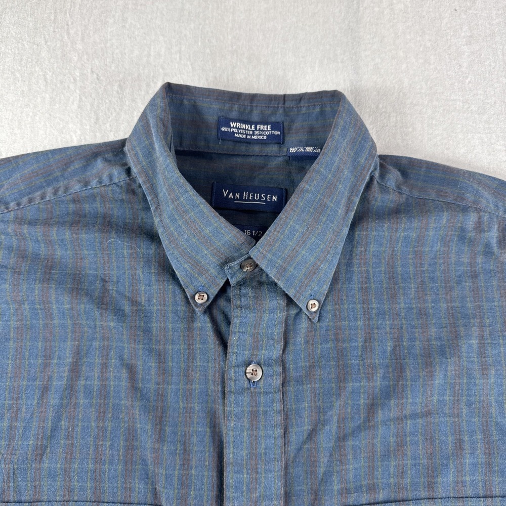 Vintage Van Heusen Wrinkle Free Shirt Mens L Plaid Long Sleeve Button Up Blue